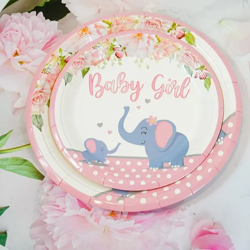 Miniatura 7 de 201 piezas de decoración de baby shower de elefante rosa para niña, suministros florales para fiesta de cumpleaños, mantel, platos de papel