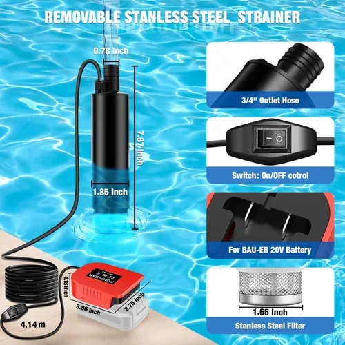 Miniatura 5 de Bomba de transferencia de agua compatible con batería Bauer de 20 V, 30 L/min, elevación de 15 pies, bomba de agua con potencia máxima de 7 A, bomba