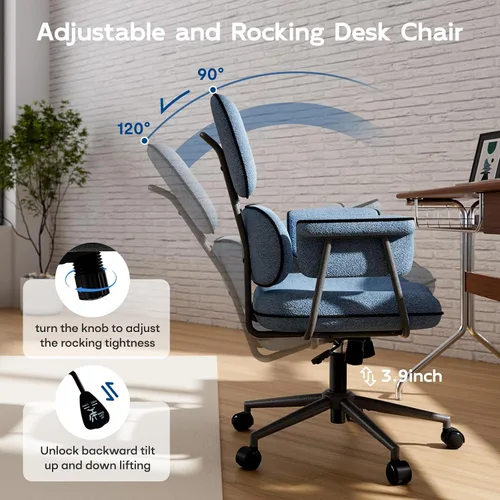 Miniatura 8 de HomeZeer Silla de oficina azul con cojín de espuma viscoelástica, silla de oficina de tela con ruedas y brazos, silla de escritorio moderna