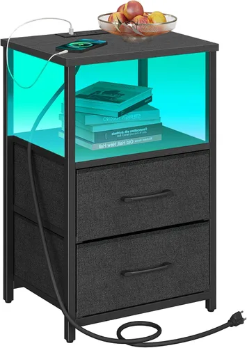 Miniatura 15 de TUTOTAK Mesita de noche LED con estación de carga, mesita de noche grande con puerto USB y Type-C, mesa de noche con cajones de tela, mesa auxiliar