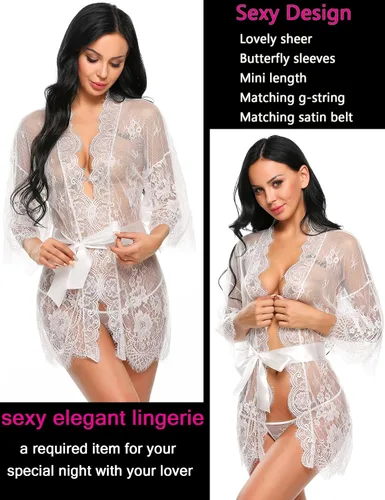 Miniatura 2 de Avidlove - Kimono de encaje para mujer bata babydoll camisón de malla para lencería de talla S-5XL