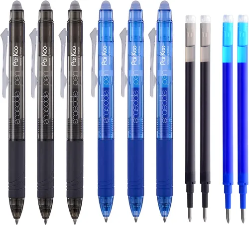 ParKoo Bolígrafos de gel retráctiles borrables de punta fina de 0.028 in, desaparecen los errores, 3 bolígrafos de tinta negra/3 azules con 4 Negro