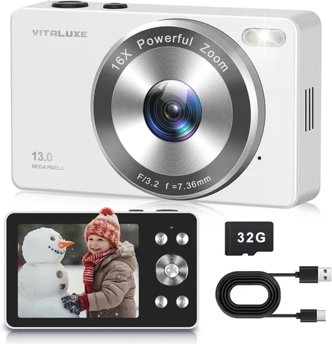 Miniatura 7 de Cámara digital 4K, cámara VITALUXE FHD para niños, enfoque automático real de 13MP 16x zoom, pantalla LCD de 2.83 pulgadas, cámara compacta pequeña