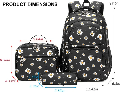 Miniatura 2 de goldwheat Mochilas impresas margaritas con paquete de almuerzo, estuche de lápices 3pcs, bolsa ligera resistente al agua para la escuela secundaria