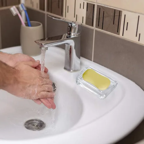 Miniatura 6 de MDLUU Paquete de 2 jaboneras de vidrio, bandeja decorativa para guardar jabón para ducha, bañera, fregadero de baño, fregadero de cocina (cuadrado)