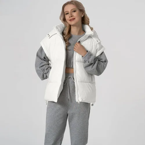 Miniatura 45 de Shiyifa Chaleco acolchado para mujer, chaqueta de gran tamaño, sin mangas, ligera, con cremallera, con capucha desmontable