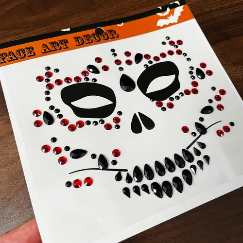 Miniatura 6 de Day of the Died Skull Halloween - Tatuajes de joyería de cara de Halloween, paquete de 4 calcomanías temporales de diamantes de imitación