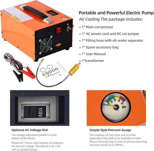 Miniatura 8 de Compresor de aire PCP, 4500 PSI/30 MPa, Fuente de alimentación dual 12V CC/110V CA, Bomba de inflado rápido sin aceite, Compresor de aire portátil