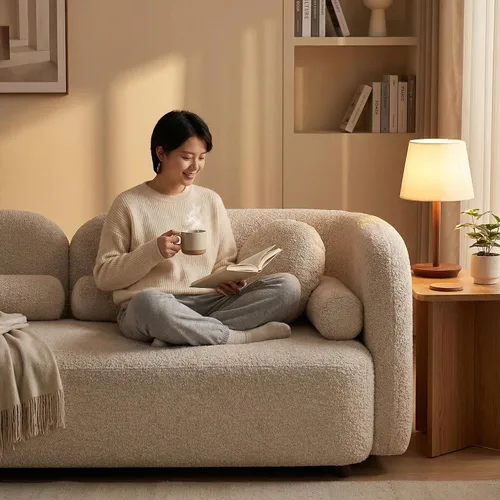 Miniatura 3 de Sofá curvado compacto de 69 pulgadas para espacios pequeños y apartamentos, sofá boucle de estilo japonés, sofá minimalista de 2 plazas con marco
