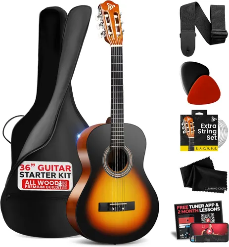 Miniatura 16 de Pyle Kit de guitarra acústica para principiantes, instrumento de madera de tamaño junior 3/4 con kit completo de accesorios, púas, correa