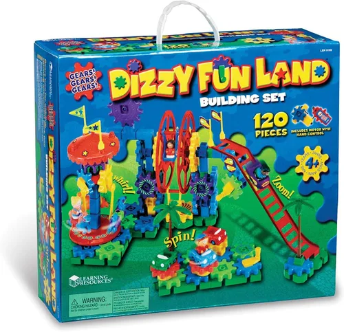 Learning Resources Gears! Gears! Gears! Dizzy Fun Land, juego de juguetes de engranajes motorizados, engranajes para niños, ingeniería para niños,