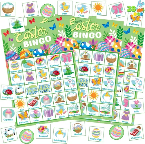 Miniatura 8 de JOYIN Tarjeta de bingo de Pascua para 28 jugadores (5 x 5) con color azul para niños, niñas y adultos, juegos de Pascua, actividades escolares