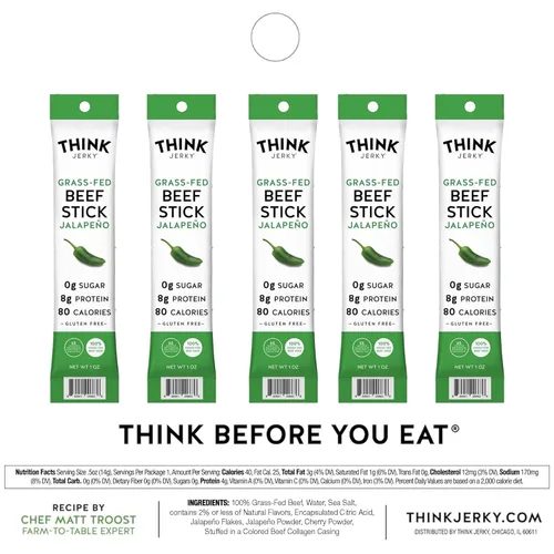 Miniatura 2 de Think Jerky Palitos de Carne de Res con Jalapeño, Sin Gluten y Sin Azúcar, Sin Nitratos, Apto para Keto y Paleo, Snack de Carne Alto en Proteínas