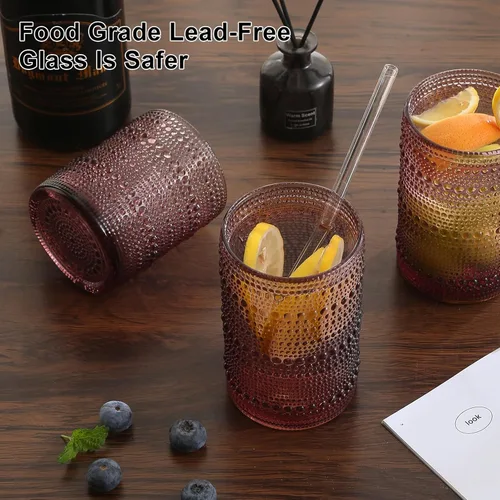 Miniatura 4 de ZMOWIPDL Juego de 12 Vasos de Cristalería Vintage para Beber, Morado 12oz y 15oz Vasos de Vidrio Hobnail con Relieve, Vaso de Agua en Relieve