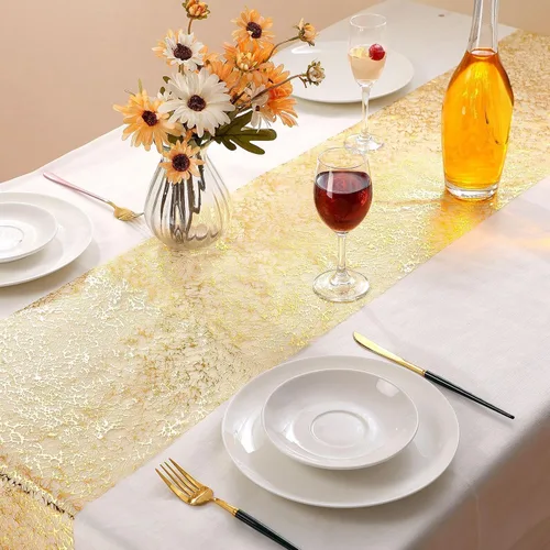 Miniatura 5 de Tatuo 3 piezas de camino de mesa dorado con brillo metálico, camino de mesa metálico con brillo con rollo rectangular de poliéster para decoración