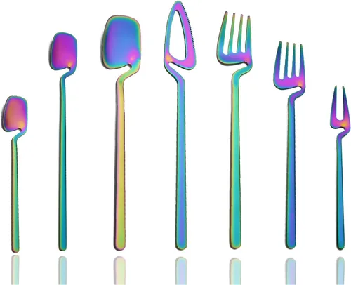 Miniatura 12 de JASHII Juego de cubiertos de 28 piezas de acero inoxidable 304 para 4, juego de utensilios de metal para comer, incluye tenedor de frutas y cuchara