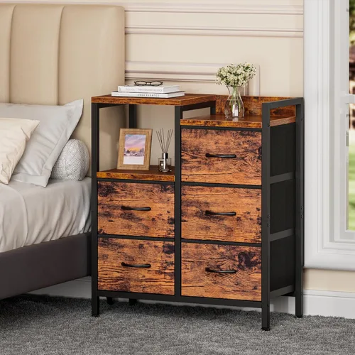 Miniatura 4 de Furnulem Cómoda industrial para dormitorio, mesita de noche de 39 pulgadas de alto con 2 cajones y estación de carga, mesita de noche