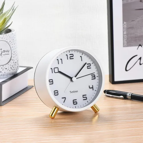 Miniatura 4 de Tetino Reloj despertador analógico, retro de metal, silencioso, sin tictac, con luz nocturna, funciona con pilas, diseño simple, para dormitorios