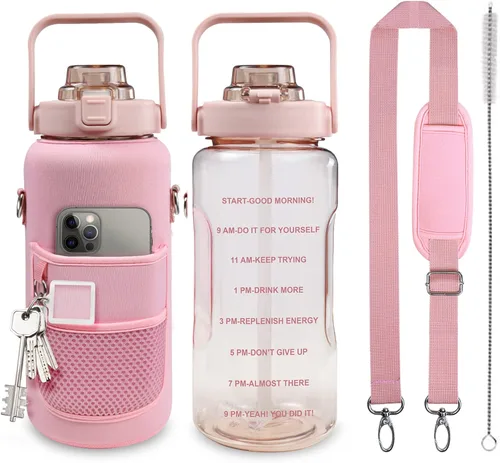 Miniatura 14 de Botella de Agua de Medio Galón con Funda, Botella de Agua Motivacional de 64 Onzas con Pajita y Marcador de Tiempo, Botella de Agua Grande