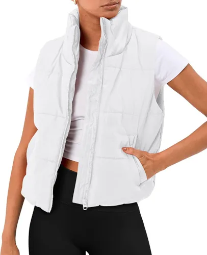 Trendy Queen Chaleco acolchado para mujer, sin mangas, ropa de abrigo de invierno, cálido, ligero, a la moda, cuello alto, chaleco de plumón
