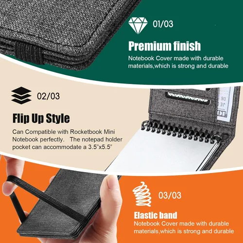 Miniatura 5 de Funda para Cuaderno para Rocketbook Mini y Field Notes con Espiral Superior (3.5"x5.5") - Estuche Resistente al Agua con Soporte para Bolígrafo