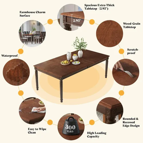 Miniatura 4 de AMERLIFE 79" Farmhouse Dining Table, Rectangular Wood Kitchen & Dining Room Table with Roman Conical Legs, Wood Grain Tabletop, for Kitchen and