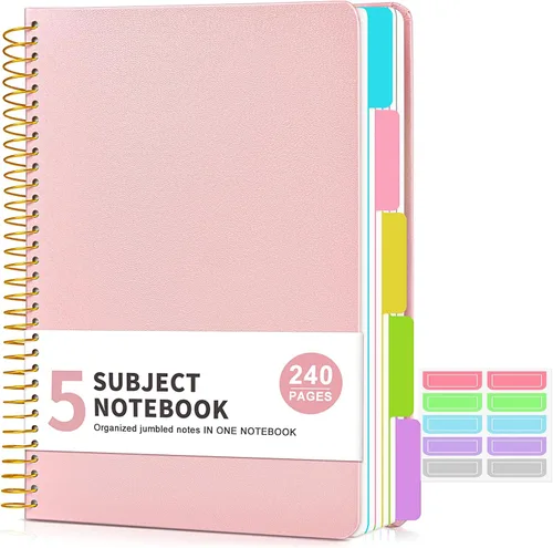 Cuaderno de 5 asignaturas con rayas universitarias con pestañas divisorias de bolsillo removibles, cuaderno en espiral de 240 páginas de 8.5 x 11