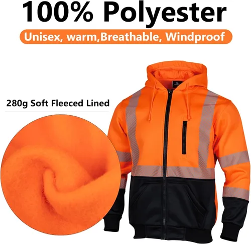 Miniatura 4 de VENDACE Sudadera de Forro Polar Reflectante de Alta Visibilidad ANSI Clase 3 para Hombres, Sudadera con Capucha de Alta Visibilidad con Cremallera