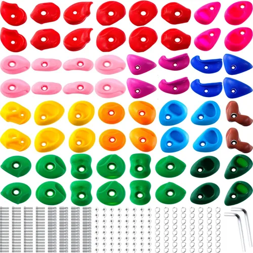 Liliful Juego de 64 piezas de sujeción de escalada en roca para niños, kit de escalada en pared para adultos, agarre de colores mixtos con llaves de