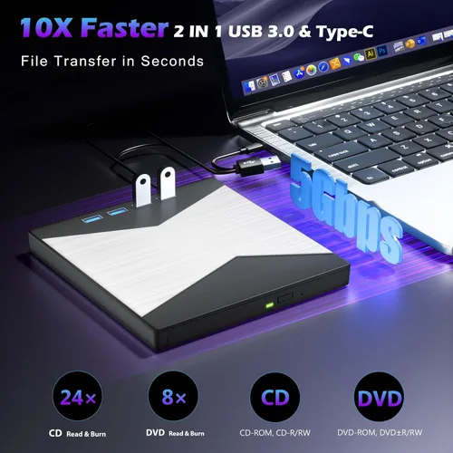 Miniatura 2 de Wbacon Unidad externa de CD/DVD para portátil, reproductor de DVD para portátil, grabadora de CD ultrafina 8 en 1 con 4 puertos USB y 2 ranuras