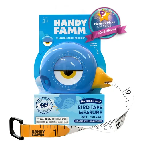 Handy Famm Cinta métrica de pájaro azul de 8 pies para niños, herramienta educativa STEM con nivel, transportador, diseño retráctil, juguete de