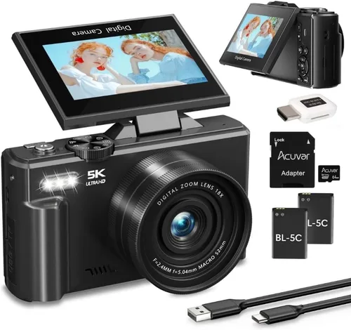 Cámara digital 4K/5K - Cámara de vlogging UHD de 75MP para fotografía y video, WiFi, enfoque automático, pantalla abatible de 3 pulgadas, zoom 18X,