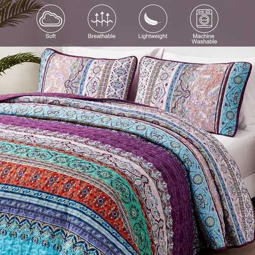 Miniatura 5 de WONGS BEDDING Juego de Colcha Morada Tamaño King, Juego de Colchas Bohemias a Rayas de 3 Piezas, Colcha Ligera de Microfibra para Todas las Púrpura