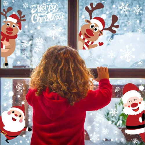 Miniatura 6 de LOMIMOS 107 calcomanías de Navidad para ventana, copos de nieve, reno, Papá Noel, para suministros de decoración de fiestas