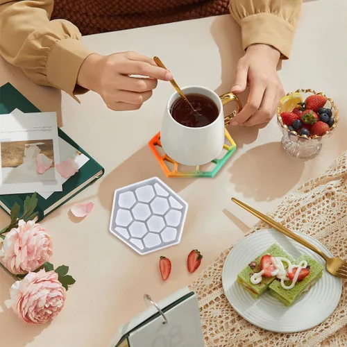Miniatura 2 de Paquete de 2 moldes hexagonales de resina de silicona de grado alimenticio para fundición epoxi, soporte para tazas de automóvil, bandeja de ágata