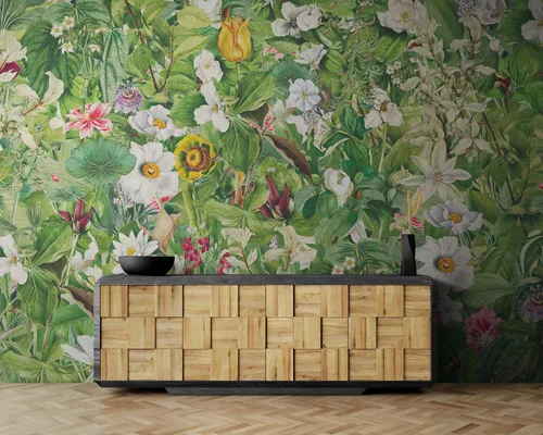 Miniatura 6 de Botanical Vegetation Garden Wall Mural. Color Pencil Artwork of Flower Garden Peel and Stick Wallpaper. Rainforest Jungle Botanical Flowers and