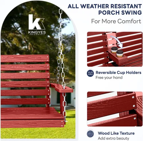 Miniatura 23 de KINGYES Columpio colgante para porche al aire libre, silla de columpio de patio de 2 asientos con portavasos, banco impermeable para patio y jardín
