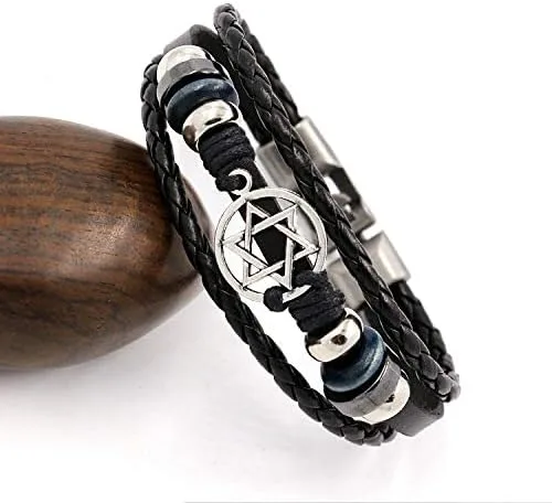 Miniatura 3 de Pulsera de piel trenzada para mujer, diseño de estrella de David, color negro
