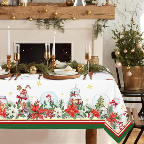 Miniatura 8 de Mantel rectangular de Navidad de 60 x 84 pulgadas, mantel de decoración navideña de alce, poliéster, impermeable y resistente a las arrugas, mantel