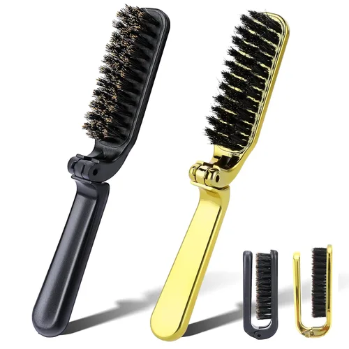 Miniatura 8 de 2 piezas de cepillo plegable de viaje con cerdas de jabalí, bolsillo plegable, rango antiestático, mini herramienta de peinado para barba y cabello