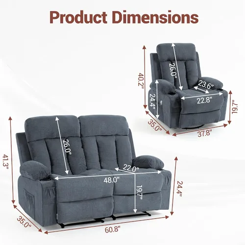 Miniatura 2 de Juego de sofá reclinable manual, 3 piezas con bolsillos laterales, portavasos para cine en casa, oficina (azul, sofá biplaza+silla)