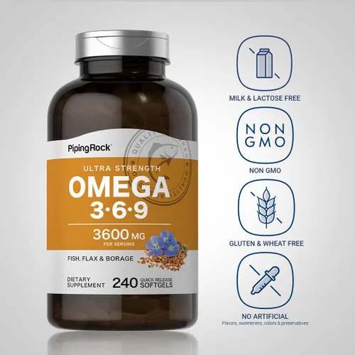 Miniatura 3 de Piping Rock Omega 3 6 9 Suplementos para mujeres y hombres 3600 mg 240 cápsulas de gel suave Borraja de lino de pescado Ultra fuerte Sin