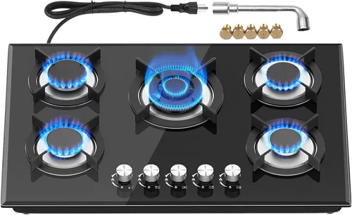 Miniatura 9 de Alemania Placa de cocina de gas de 4 quemadores de 24 pulgadas, estufa de propano integrada con conversión de NG/LPG, placa de vidrio negro