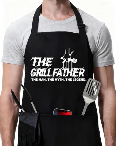 Miniatura 13 de ZOORON Divertidos delantales de chef negros para hombres, ajustables, para barbacoa, cocina, con bolsillos, accesorios para parrilla Tu opinión