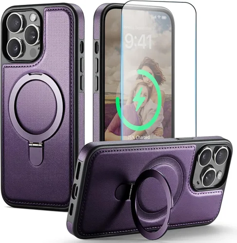 Miniatura 17 de Funda para iPhone 13 con soporte compatible con Magsafe, color negro Magnetic Kickstand, with Tempered Glass Screen Protector, Durable PU Leather