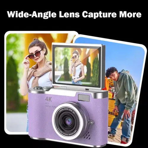 Miniatura 9 de Cámara digital 4K para fotos, cámara retro portátil con pantalla abatible, cámara retro compacta para exteriores (negro, 1 juego)