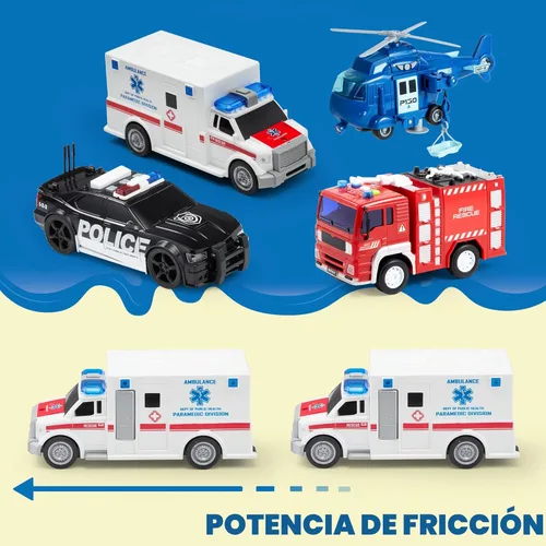 Miniatura 9 de JOYIN 4 paquetes de juguetes de vehículos de emergencia, vehículos accionados por fricción con luz y sonido, incluyendo camión de bomberos