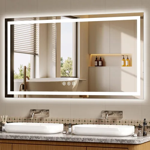 Miniatura 21 de 48x24 Inch LED Bathroom Mirror with Lights, Anti-Fog 3-Color Dimmable Memory Touch Control, Waterproof HD Tempered Glass, Wall Mounted Vanity Mirror