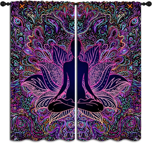 Miniatura 16 de Hermosas cortinas opacas con bolsillo para barra de mandala y elefante para dormitorio de niños y niñas, estilo tribal bohemio, hippie y bohemio