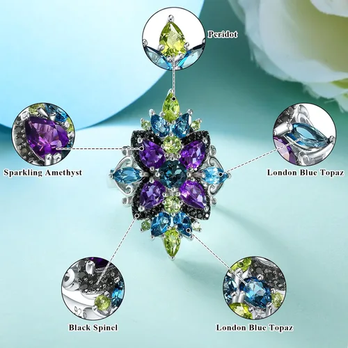 Miniatura 5 de Cocktail Rings for Women Natural Multicolor Gemstone Engagement Ring 925 Sterling Silver Wedding Anniversary Jewelry Gifts Size 6 to 10